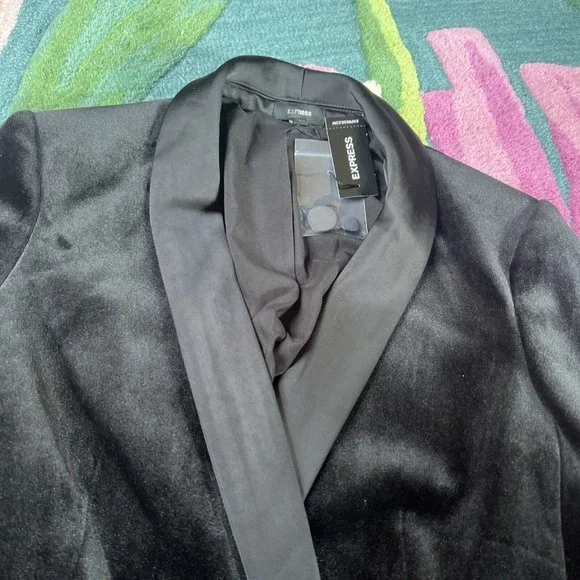 NEW Sz XS X-Small Express Double Breasted Blazer in Black Velvet Tux Satin Fancy - Picture 9 of 10
